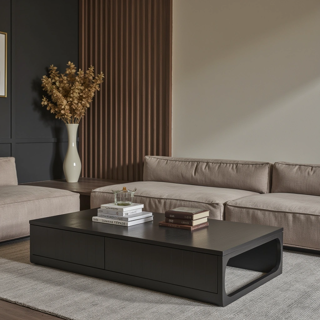2. Black Wooden Coffee Table with Natural Accents