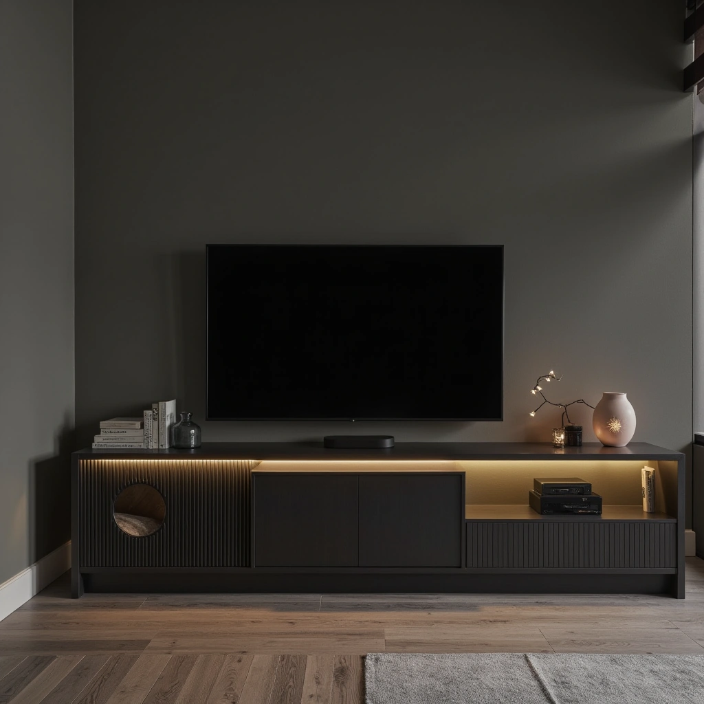 3. Matte Black TV Console with Ambient Lighting