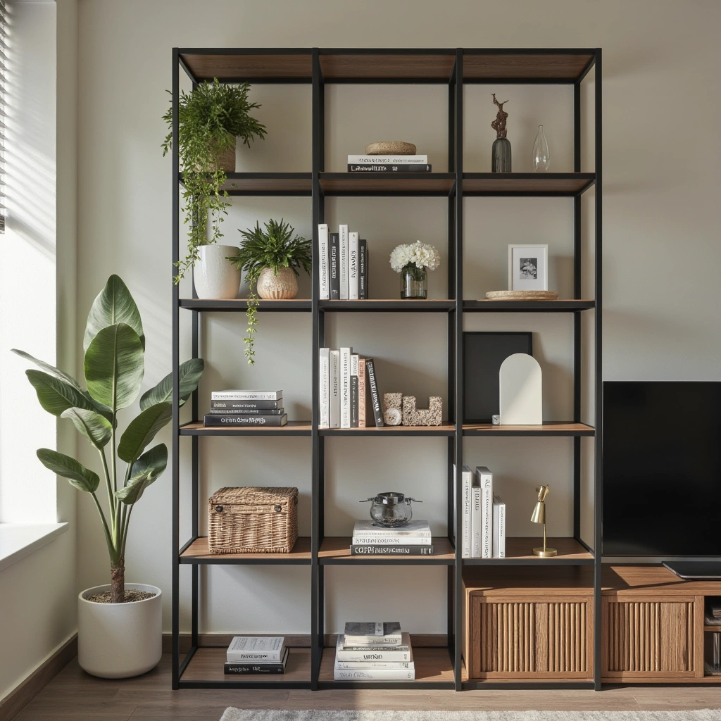 4. Black Metal Frame Bookshelves with Open Storage