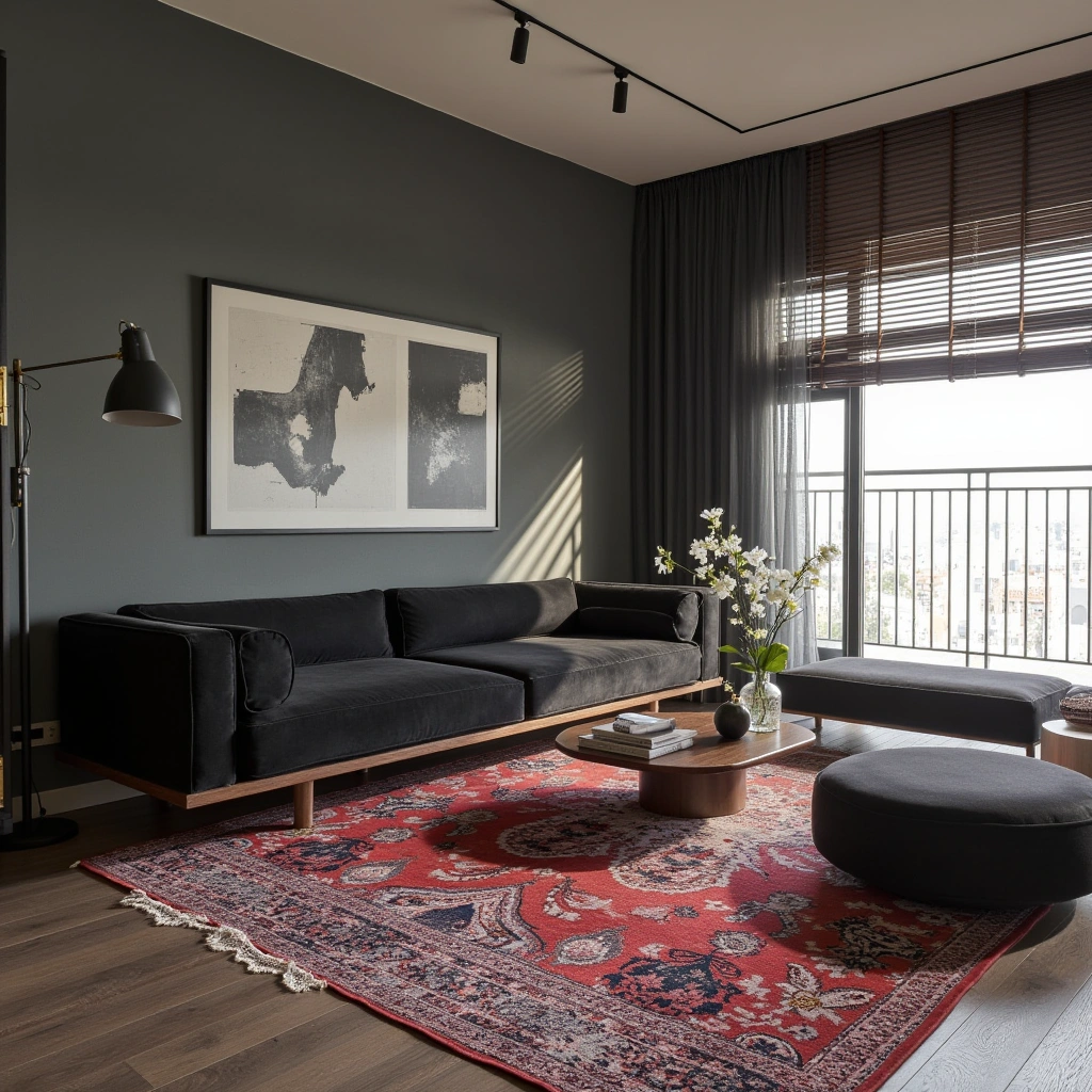 9. Black Furniture Paired with Vibrant Rugs